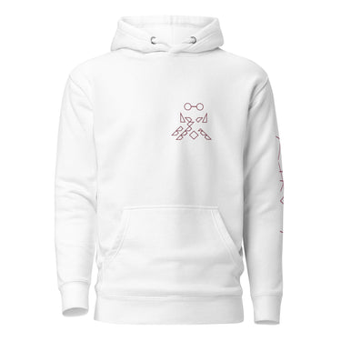 Front view of a solid-colored hoodie. A small, minimalist graphic on the left chest is composed of fine, high-contrast lines forming an abstract arrangement of geometric shapes, topped with a simple illustration of round glasses.