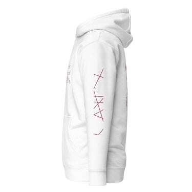 A view of the sleeve of a hoodie, showing a vertical graphic. The design consists of a series of abstract symbols composed of fine, high-contrast, intersecting angular lines.