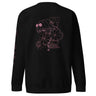 Back view of a solid-colored sweatshirt. A large graphic on the upper back features a fine-line illustration of the character Kafka from Honkai: Star Rail. The design is interwoven with large, web-like geometric patterns and small blocks of text.