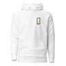 Front view of a solid-colored hoodie. A small graphic on the chest features a vertical rectangular frame containing a high-contrast floral illustration and a sword-like shape.