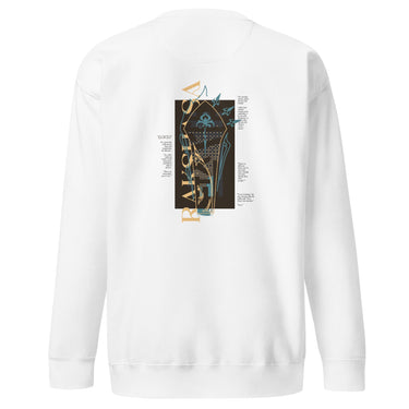 Back view of a solid-colored sweatshirt. A large graphic on the upper back features a stylized, high-contrast illustration of a coffin, layered with various blocks of text.