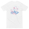 Back view of a solid-colored shirt. A large, playful collage graphic is centered on the back. It features large, abstract blob-like letterforms, line drawings of polaroid frames, and various high-contrast scribbles and floral shapes.