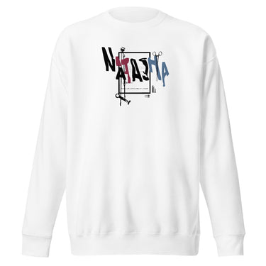 Front view of a solid-colored sweatshirt. A collage graphic on the chest features the name "NATASHA" spelled out in various high-contrast fonts, mixed with illustrations of medical tools.