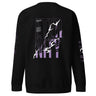 Back view of a solid-colored sweatshirt. A large, vertical graphic on the upper back features the word "ETERNITY" in a bold font. The design is overlaid with high-contrast, lightning-like shapes and abstract topographical line patterns.