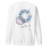 Back view of a solid-colored sweatshirt. A large graphic on the upper back resembles a scientific diagram. It features a DNA double helix inside a circular frame with concentric rings, surrounded by various technical formulas and blocks of text.