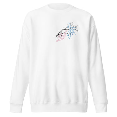 Front view of a solid-colored sweatshirt. A small graphic on the left chest features a high-contrast illustration of a tree branch, from which geometric, snowflake-like shapes and pastry-like shapes are sprouting.