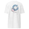 Back view of a solid-colored shirt. A large graphic on the upper back resembles a scientific diagram. It features a DNA double helix inside a circular frame with concentric rings, surrounded by various technical formulas and blocks of text.