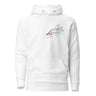 Front view of a solid-colored hoodie. A small graphic on the left chest features a high-contrast illustration of a tree branch, from which geometric, snowflake-like shapes and pastry-like shapes are sprouting.