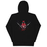 Back view of a solid-colored hoodie. A large, ornate graphic on the upper back features a central circular emblem framed by two scythes and surrounded by numerous high-contrast illustrations of butterflies.
