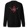 Back view of a solid-colored sweatshirt. A large, ornate graphic on the upper back features a central circular emblem framed by two scythes and surrounded by numerous high-contrast illustrations of butterflies.