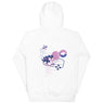 Back view of a solid-colored hoodie. A large graphic on the upper back features several blocks of text formatted as computer programming code, layered with various high-contrast geometric shapes and diagrams.