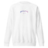 Front view of a solid-colored sweatshirt. A small, minimalist graphic on the chest features a high-contrast line drawing of the top frame of a pair of glasses.