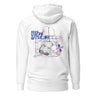 Back view of a solid-colored hoodie. A large graphic on the upper back features an inverted, fine-line illustration of the character Silver Wolf from Honkai: Star Rail. The design is layered with the stacked text "SILVER WOLF" and various abstract technical shapes.
