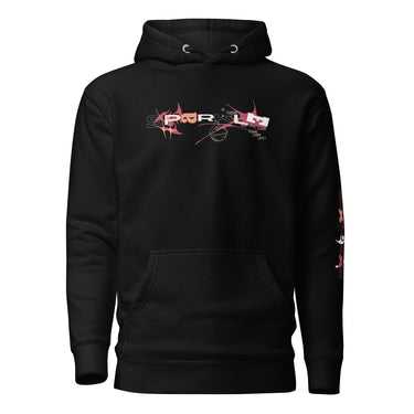Front view of a solid-colored hoodie. A graphic centered on the chest features the letters of the word "SPARKLE" stylized and scattered among abstract shapes, a line drawing of a mask, and small blocks of text.