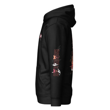 A view of the sleeve of a hoodie, showing a vertical arrangement of graphics. The design features a long block of script text decorated with several high-contrast, four-petaled flower symbols.