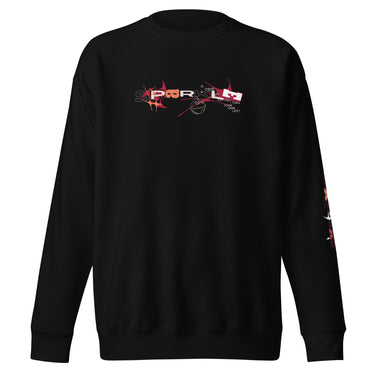 Front view of a solid-colored sweatshirt. A graphic centered on the chest features the letters of the word "SPARKLE" stylized and scattered among abstract shapes, a line drawing of a mask, and small blocks of text.