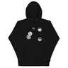 Front view of a solid-colored hoodie. The chest features a small signature and four different circular emblems, each containing a unique high-contrast, abstract pattern.