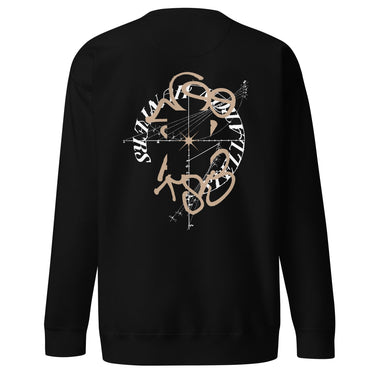 Back view of a solid-colored sweatshirt. A large graphic on the upper back features the words "STELLARON HUNTERS" arranged in a circle, layered over a high-contrast design resembling a star chart.