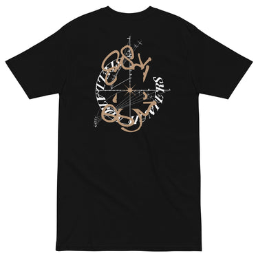 Back view of a solid-colored shirt. A large graphic on the upper back features the words "STELLARON HUNTERS" arranged in a circle, layered over a high-contrast design resembling a star chart.