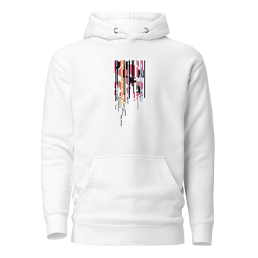 Front view of a solid-colored hoodie. A vertical graphic on the chest resembles a distorted or dripping barcode, with small blocks of text integrated into the design.