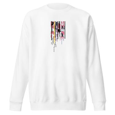 Front view of a solid-colored sweatshirt. A vertical graphic on the chest resembles a distorted or dripping barcode, with small blocks of text integrated into the design.