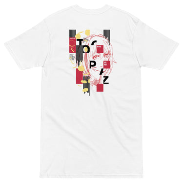 Back view of a solid-colored shirt. A large graphic on the upper back features a line-art portrait of the character Topaz from Honkai: Star Rail. The design is layered with the vertical text "TOPAZ" and a background of abstract bars and shapes.