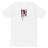 Front view of a solid-colored shirt. A vertical graphic on the chest resembles a distorted or dripping barcode, with small blocks of text integrated into the design.