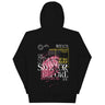 Back view of a solid-colored hoodie. A large, complex collage graphic on the upper back features the text "THE STARS SHATTER BEFORE YOU" in a distressed style. The design is layered with abstract textures, barcodes, wireframe globes, and a web of lines creating a shattered glass effect.