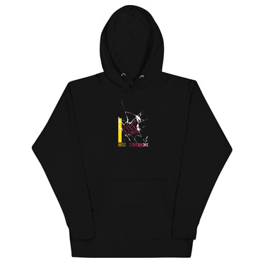 Front view of a solid-colored hoodie. A small graphic on the chest features a high-contrast, crystalline shape with lines radiating from it to create a shattered glass effect. The design is layered over a patterned rectangular block.