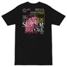Back view of a solid-colored shirt. A large, complex collage graphic on the upper back features the text "THE STARS SHATTER BEFORE YOU" in a distressed style. The design is layered with abstract textures, barcodes, wireframe globes, and a web of lines creating a shattered glass effect.