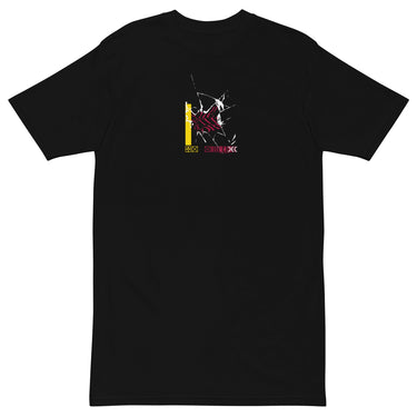 Front view of a solid-colored shirt. A small graphic on the chest features a high-contrast, crystalline shape with lines radiating from it to create a shattered glass effect. The design is layered over a patterned rectangular block.