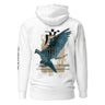 Back view of a solid-colored hoodie. A large, vertical collage graphic on the upper back features a high-contrast illustration of a bird in flight, layered with large, stylized East Asian characters and various blocks of text.