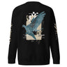 Back view of a solid-colored sweatshirt. A large, vertical collage graphic on the upper back features a high-contrast illustration of a bird in flight, layered with large, stylized East Asian characters and various blocks of text.