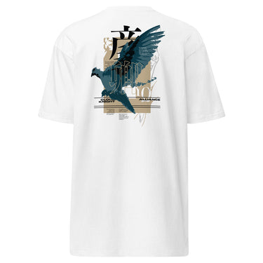 Back view of a solid-colored shirt. A large, vertical collage graphic on the upper back features a high-contrast illustration of a bird in flight, layered with large, stylized East Asian characters and various blocks of text.